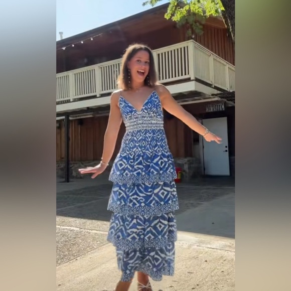 NWT Caroline Constas Blue and White Geometric Ikat Maxi Dress in size Large - Picture 2 of 10